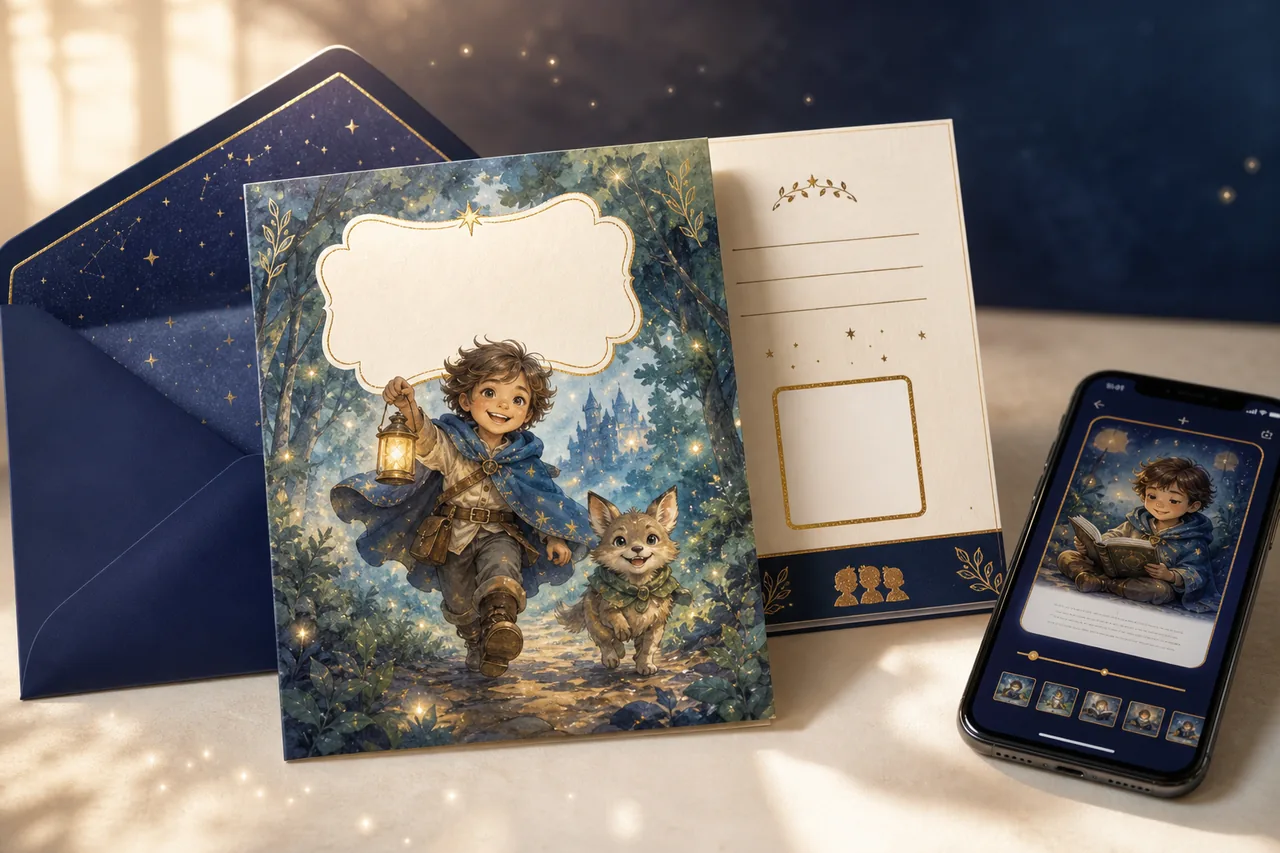Concept for a personalized book-cover follow-up card beside the online storybook reader