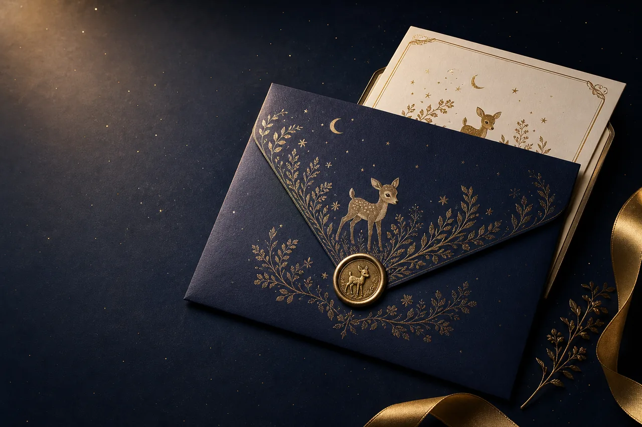 Concept for a substantial midnight-blue StoryFawn invitation envelope with gold foil and an ivory card