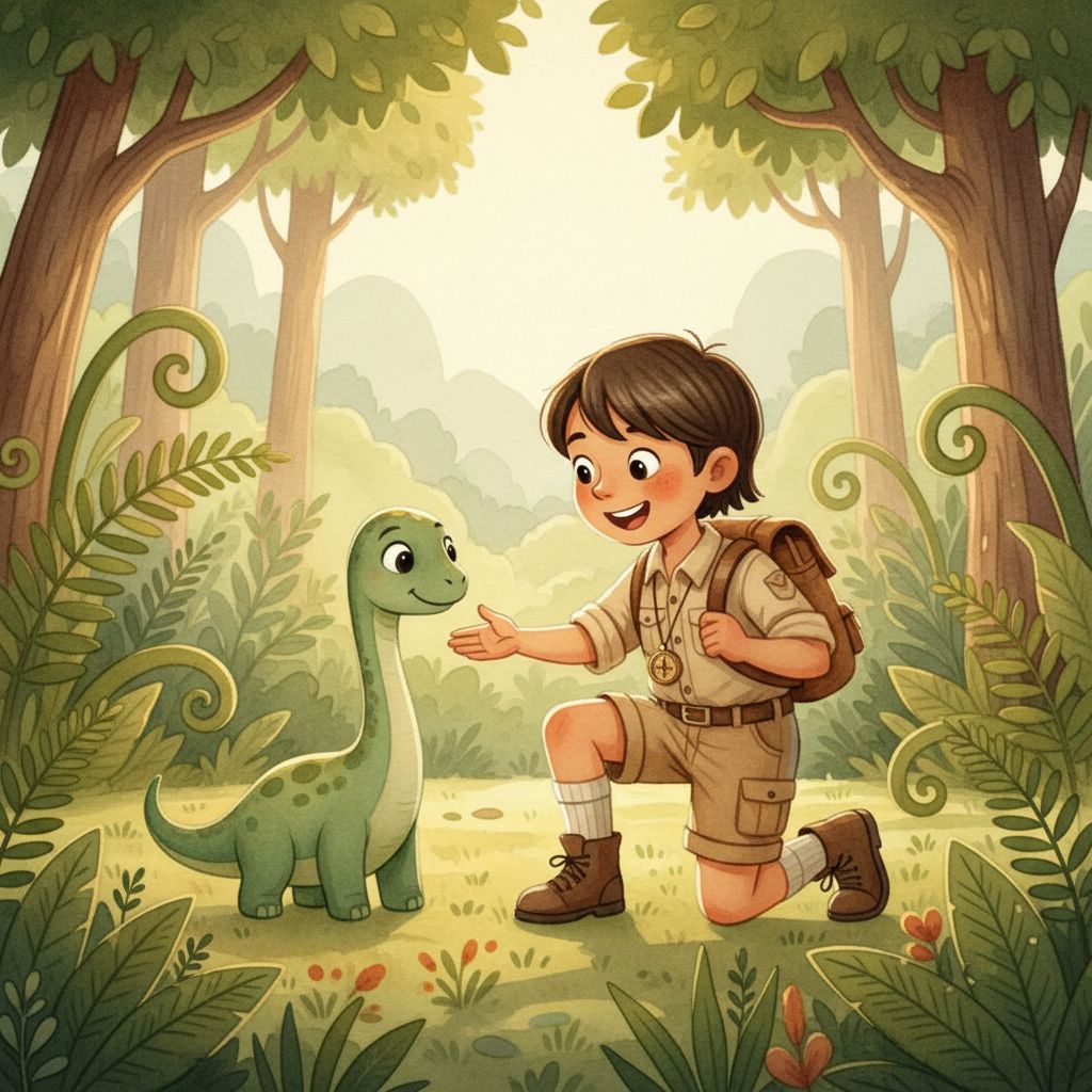 Dinosaur era book cover with a child on a prehistoric adventure