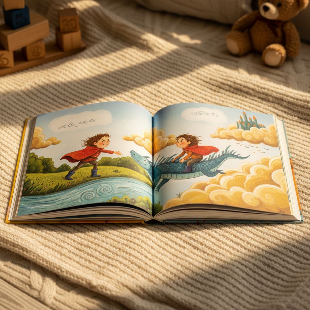Printed book open to show interior pages and character-consistent illustrations