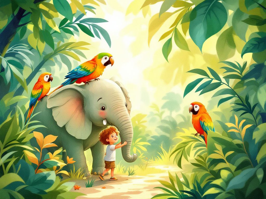 A child exploring a lush jungle with a baby elephant and colorful parrots.