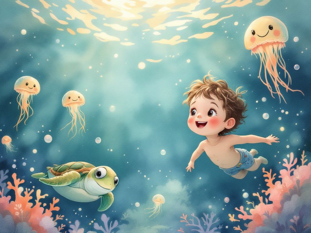 A joyful child swimming with friendly sea turtles and glowing jellyfish.