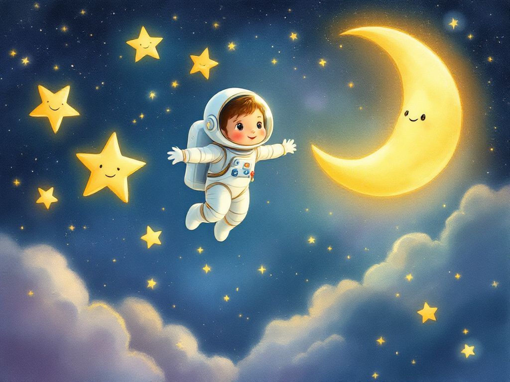 A sample StoryFawn illustration: a brave little astronaut floating among smiling stars and a crescent moon, painted in a warm storybook watercolor style.