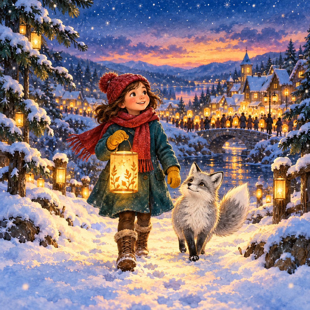 A child carrying a glowing lantern through a snowy village with a friendly silver fox